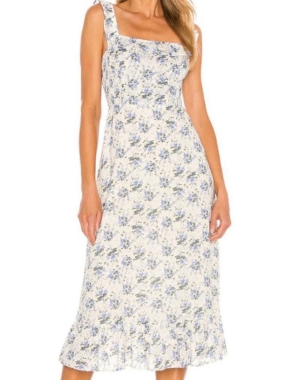 Heartloom - White Midi Dress Blue Floral Pattern - Women’s Size Small